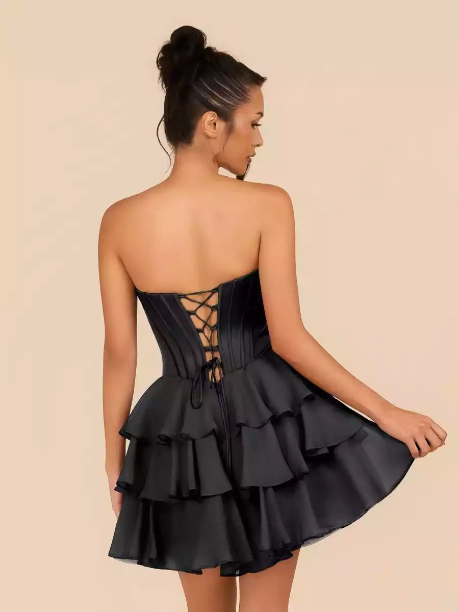 Charming A-line silhouette, classic off shoulder neckline, ruffled bead embellishment, lace up, Homecoming Dresses on the back